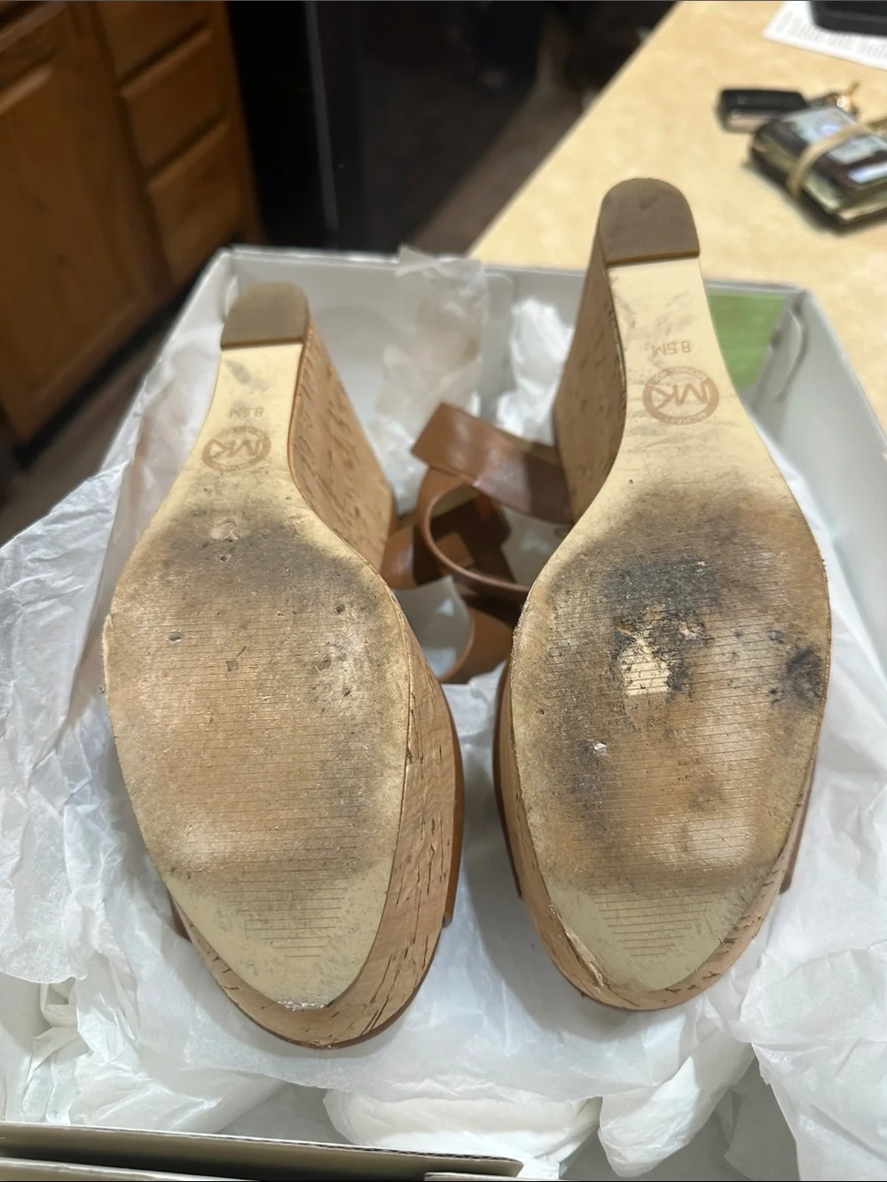 Michael Kors Cognac Brown Leather Block Heel Sandals